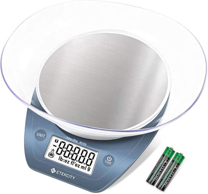 Etekcity 0.1g Food Kitchen Scale, Bowl, Digital Grams and Ounces for Weight Loss, Dieting, Baking, Cooking, and Meal Prep, 11lb/5kg, Stainless Steel Silver