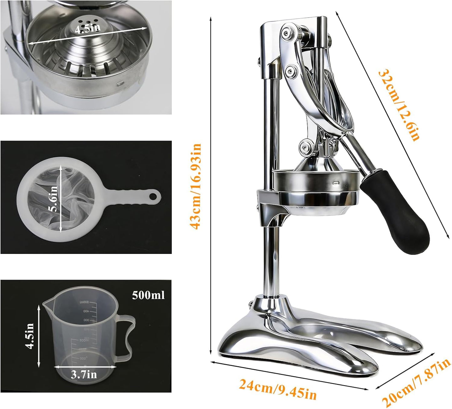 Cast Iron Juicer, Commercial Hand Press, Stainless Steel Orange Juicer Squeezer for Citrus Lemon Pomegranate, Easy to Use & Clean Countertop Hand Press