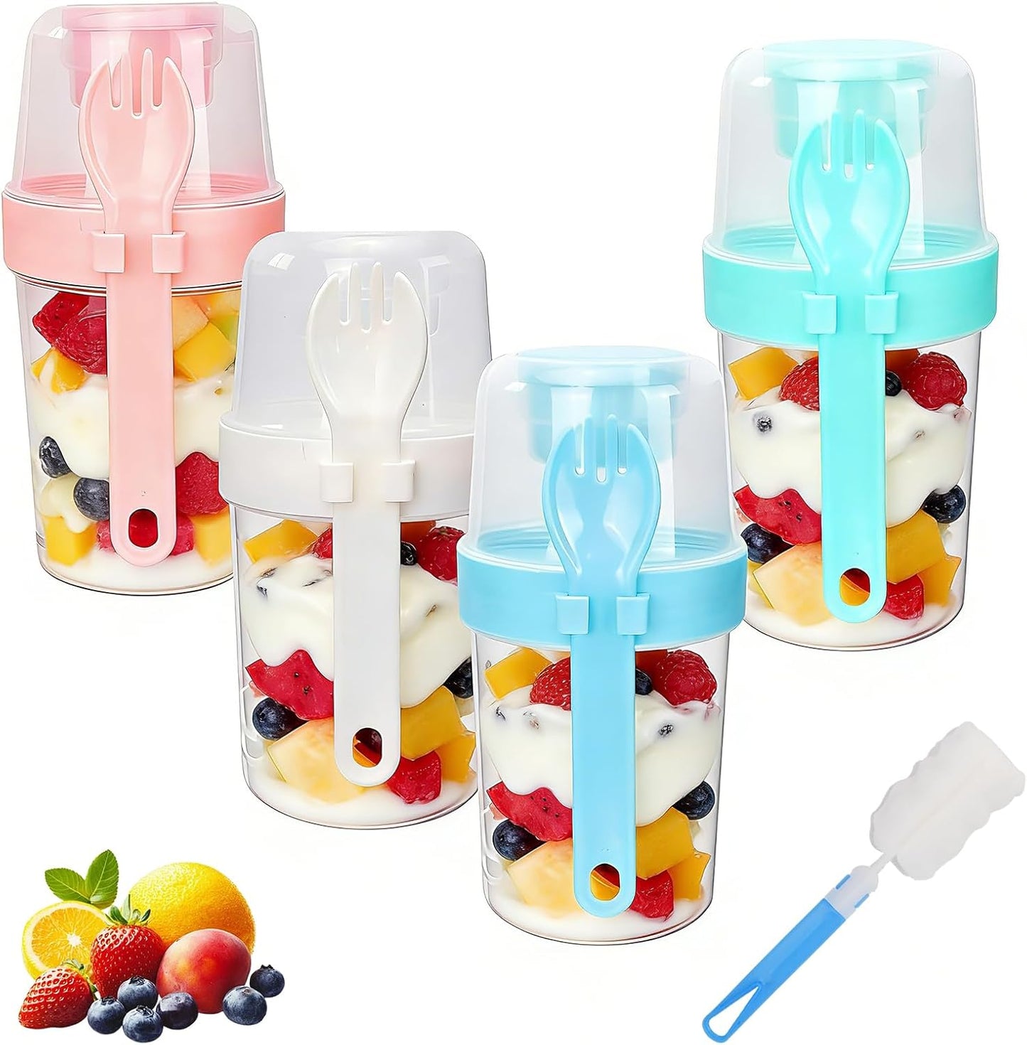 WRENYZK 4 Pcs Salad Shakers with Fork, Salad Cup To Go, Breakfast On The Go Cups, Health Container with Washing Brush, Salad Pods for Lunch, Separate Compartments, Leakproof Design