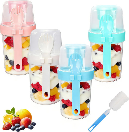 WRENYZK 4 Pcs Salad Shakers with Fork, Salad Cup To Go, Breakfast On The Go Cups, Health Container with Washing Brush, Salad Pods for Lunch, Separate Compartments, Leakproof Design