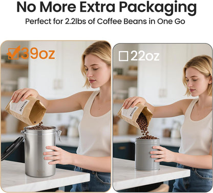 Veken Coffee Canister, Airtight Stainless Steel Kitchen Food Storage Container with Date Tracker and Scoop for Beans, Grounds, Tea, Flour, Cereal, Sugar, Cookie, 16OZ, Cream
