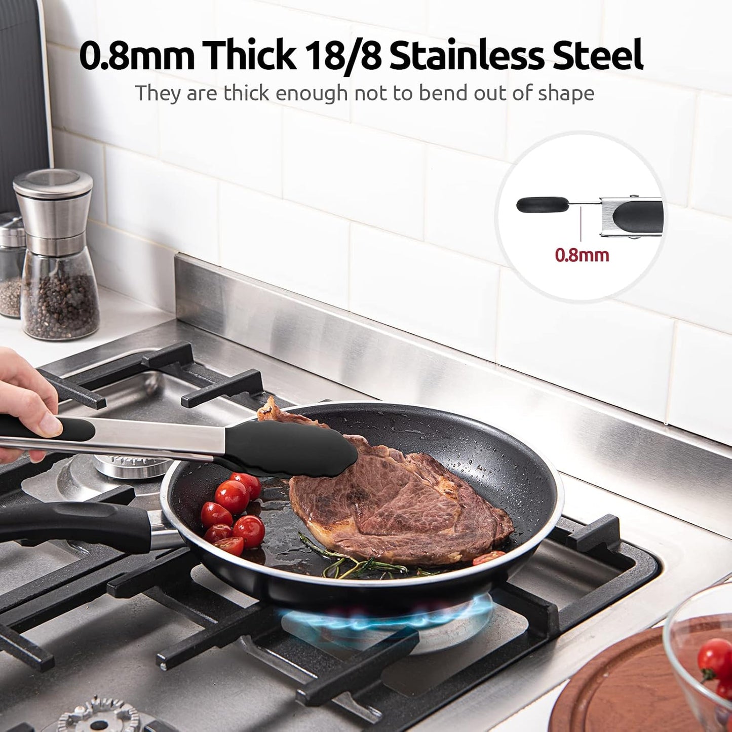 600ºF Heat Resistant Kitchen Tongs: U-Taste 9 inch Silicone Cooking Tong with Firm Sealed Non Stick Rubber Tips & Silicon Coated 18/8 Stainless Steel Handle & Smooth Locking for Serving Salad (Black)