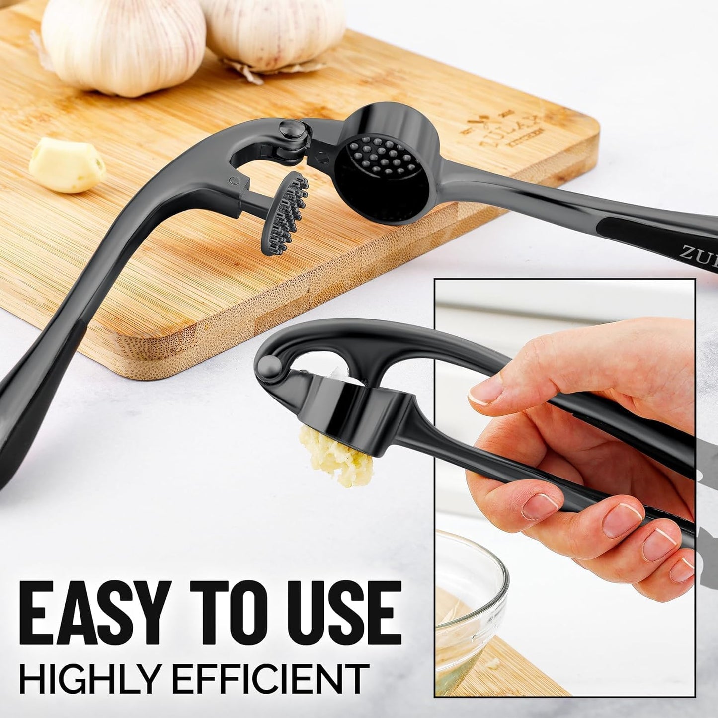 Zulay Kitchen Premium Garlic Press Set - Rust Proof Professional Garlic Mincer Tool - Easy-Squeeze, Easy-Clean with Soft, Ergonomic Handle - Silicone Garlic Peeler & Brush (Silver)