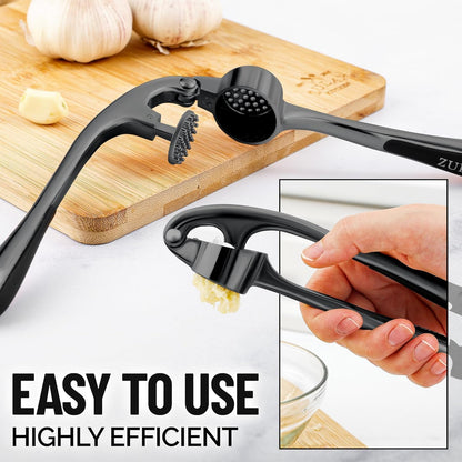 Zulay Kitchen Premium Garlic Press Set - Rust Proof Professional Garlic Mincer Tool - Easy-Squeeze, Easy-Clean with Soft, Ergonomic Handle - Silicone Garlic Peeler & Brush (Silver)