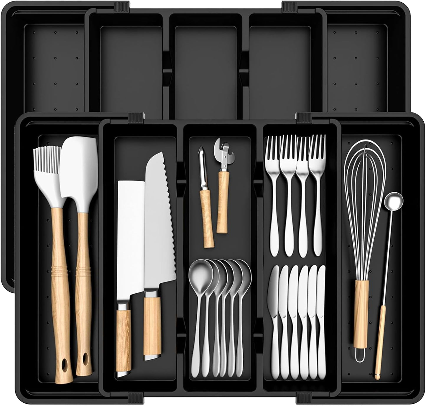 Large Silverware Organizer, Expandable Utensil Drawer Organizer for Kitchen Drawers, Kitchen Drawer Organizer for Spoons/Forks/Knives, Multipurpose & BPA Free Cutlery Tray, Black, 1 Pack