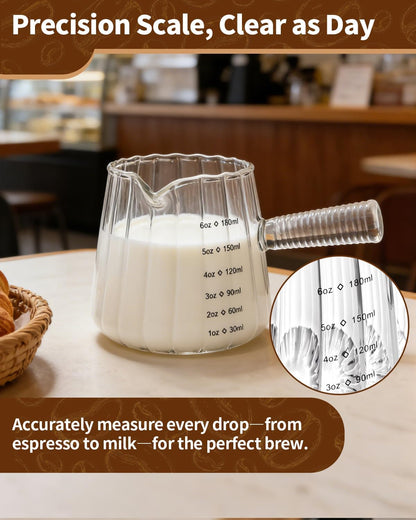 2 Pack Espresso Measuring Cup, 6oz Borosilicate Glass Espresso Cups with Wood Handle, V-Shaped Spout Milk Frothing Cup for Coffee, Tea, Syrup – Dishwasher Safe