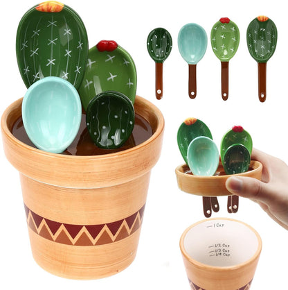 5 Pieces Measuring Spoons Set/Ceramics Spoons and Measuring Base Cup/for Dry and Liquid Ingredient, Cute Cactus Shape (Solid color base)