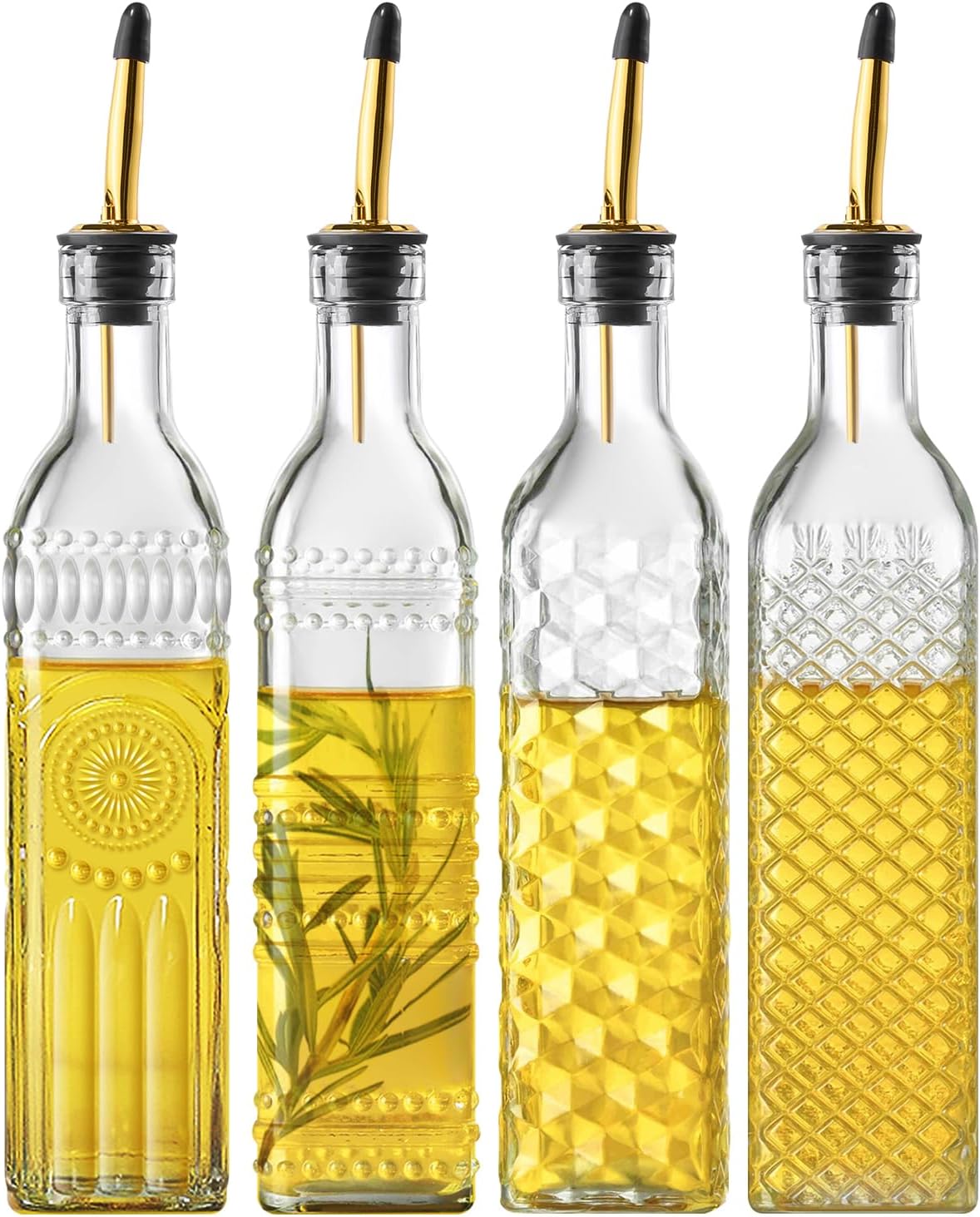 4 Pcs Olive Oil Dispenser Bottle for Kitchen,17oz Clear Glass Oil and Vinegar Dispenser Bottle Set, Classic Coffee Syrup Dispenser with 4 Stainless Steel Spouts and 1 Funnel (Round)