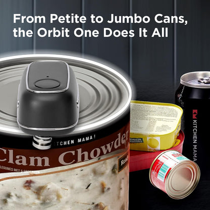 Kitchen Mama Orbit One Rechargeable Electric Can Opener: Hands-free, USB-C Charging, Automatic Stop, Smooth Edge, Safety, Blade for Large Cans, Heavy Duty, Soda and Pop Can, with Storage Box (White)