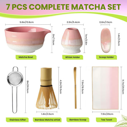 Matcha Whisk Set, Ceramic Matcha Kit Desert Style, Matcha Whisk and Bowl, Bamboo Scoop and Rest, Sifter and Tea Towel, 7 Pcs Gifts for Matcha Lover - Matte Black