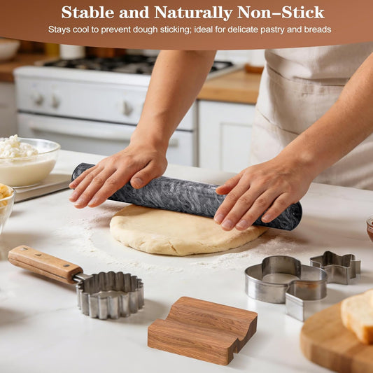 French Rolling Pin for Baking, FiiMan 12 Inch Marble Rolling Pins with Wooden Stand, Heavy Stone French Polished Non-Stick Roller Pins For Baking Cookie Pizza Pastry (Black)