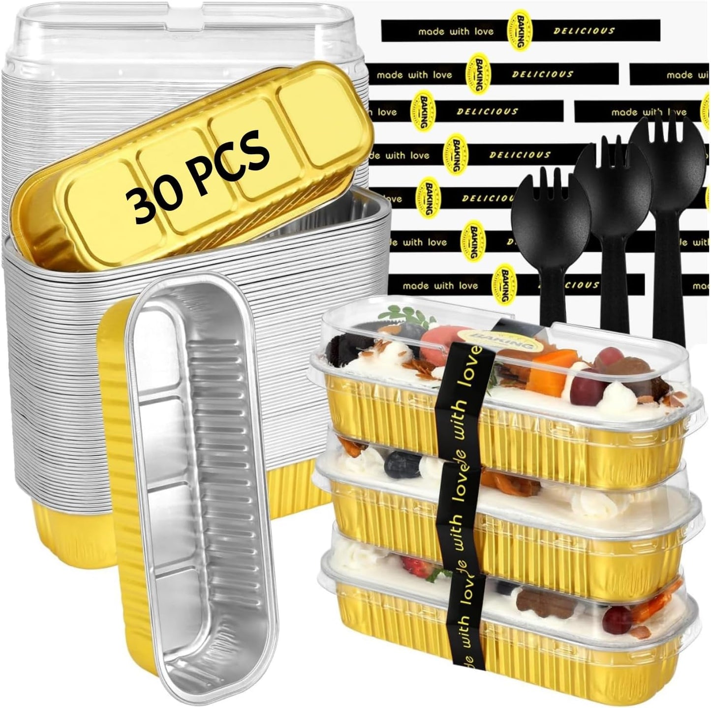 Mini Loaf Pans with Lids and Spoons Sealing Sticker,30 Pcs 6.8oz Cake Pans for Baking Disposable Aluminum Foil Christmas Cake Pan (30 PCS GOLD)