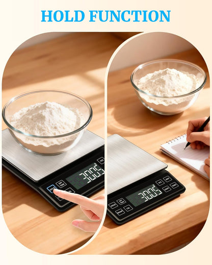 Food Kitchen Scale 11lb, 0.1g/0.01oz Precise Graduation Rechargeable Digital Scale with Nine Units Large Tray Stainless Steel Platform LCD Display for Meal Prep Cooking Baking