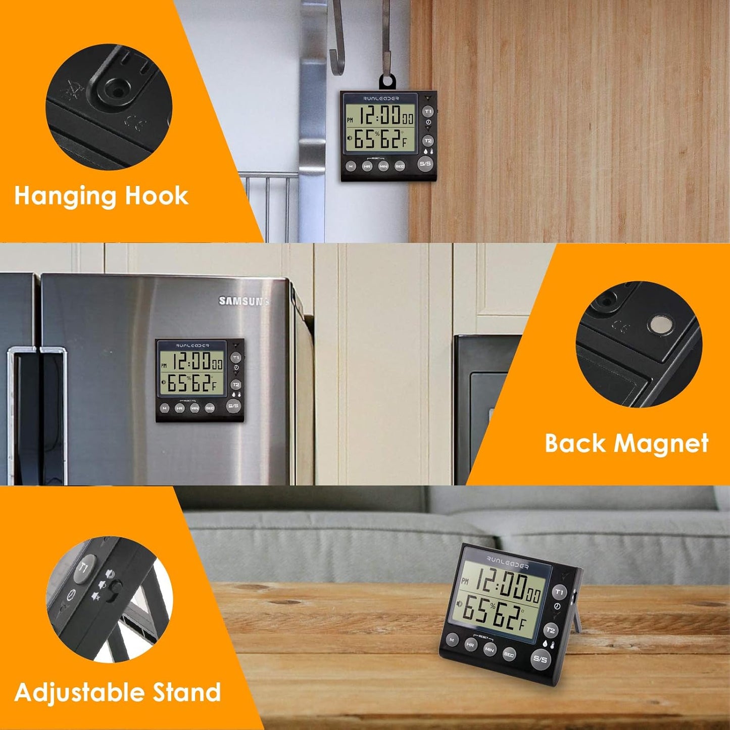 Runleader Digital Kichen Timer,Dual Count-Down & Count-up Tracking, Real-time Clock Display,Temperature and Humidity Record for Cooking Baking BBQ Gym Exam Meeting Personal Care.