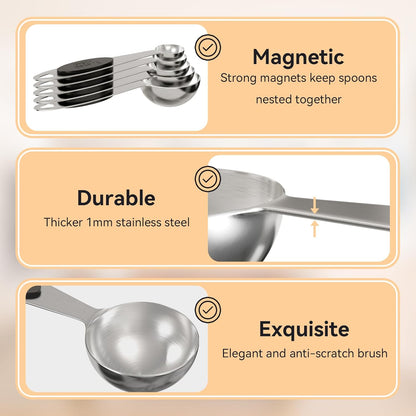 LEIFENY Magnetic 18/8 Measuring Spoons Set of 5, 304 Stainless Steel Measure Spoon for Baking & Cooking, Stackable Metal Kitchen Gadgets Essentials