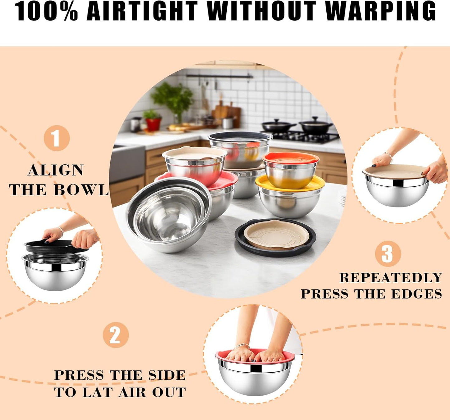 Lazycorner Stainless Steel Mixing Bowls with Airtight Lids Set of 7 Stainless Steel Bowls Set with 3 Grater Attachments Great for Serving & Baking