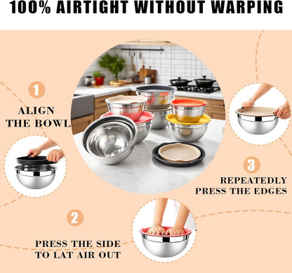 Lazycorner Stainless Steel Mixing Bowls with Airtight Lids Set of 7 Stainless Steel Bowls Set with 3 Grater Attachments Great for Serving & Baking