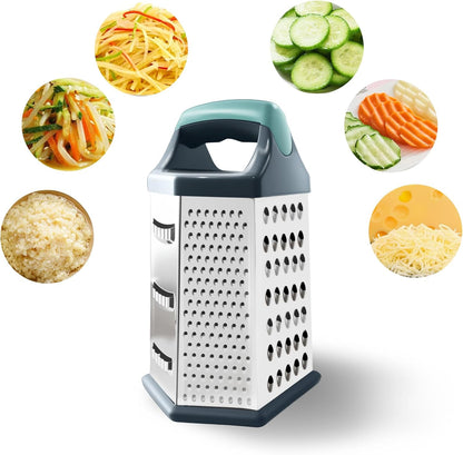 Cheese Grater, 6 Sides Box Graters for Kitchen, Stainless Steel Food Shredders for Cheese Vegetables Potatoes Carrot (Pink Handle)