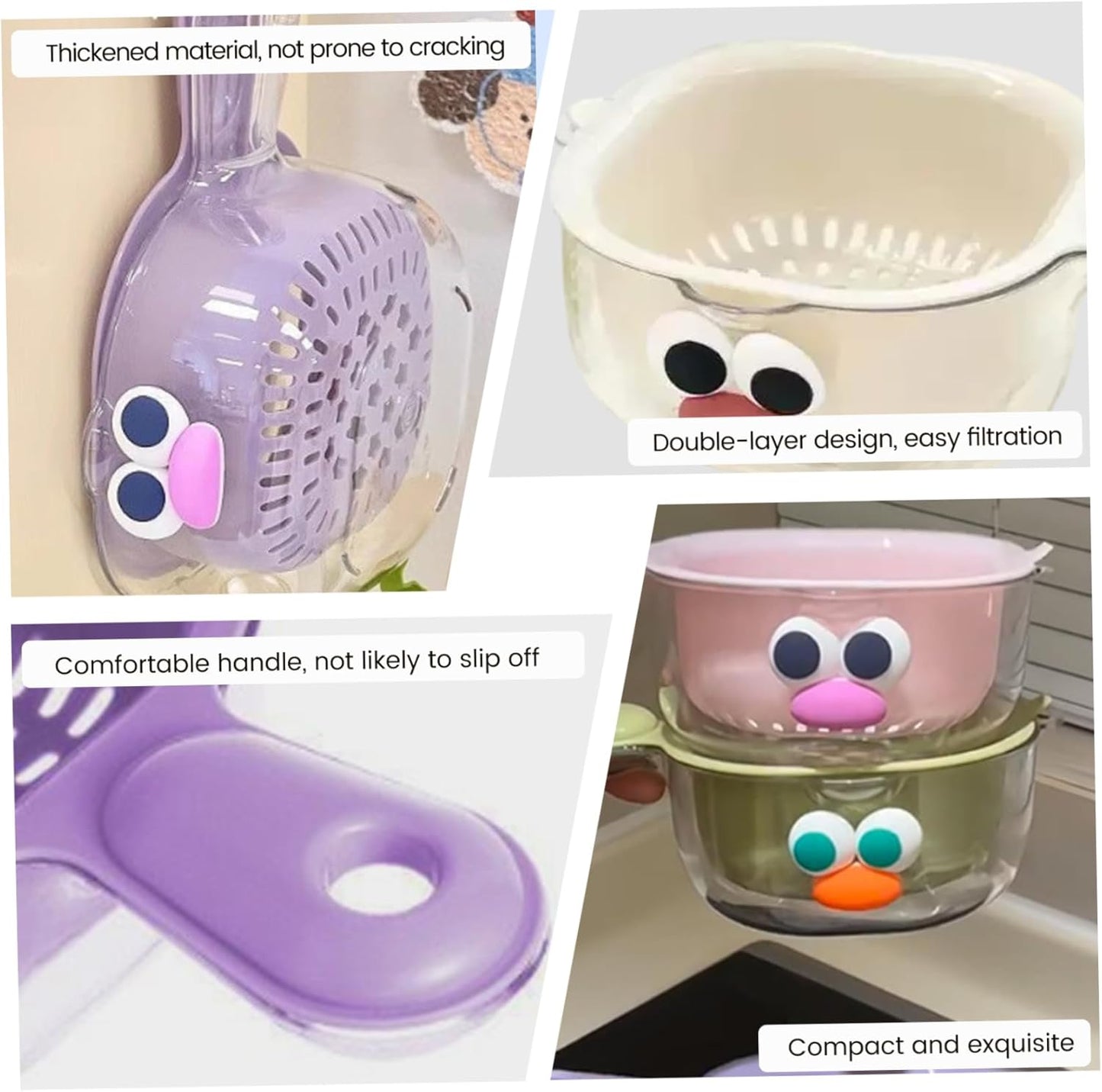 3pcs Fruit Washing Bowl with Strainer, Premium Thickened Double-Layer Design, Ergonomic Handles, Drain Basket for Kitchen Fruits Vegetables, Green Purple White