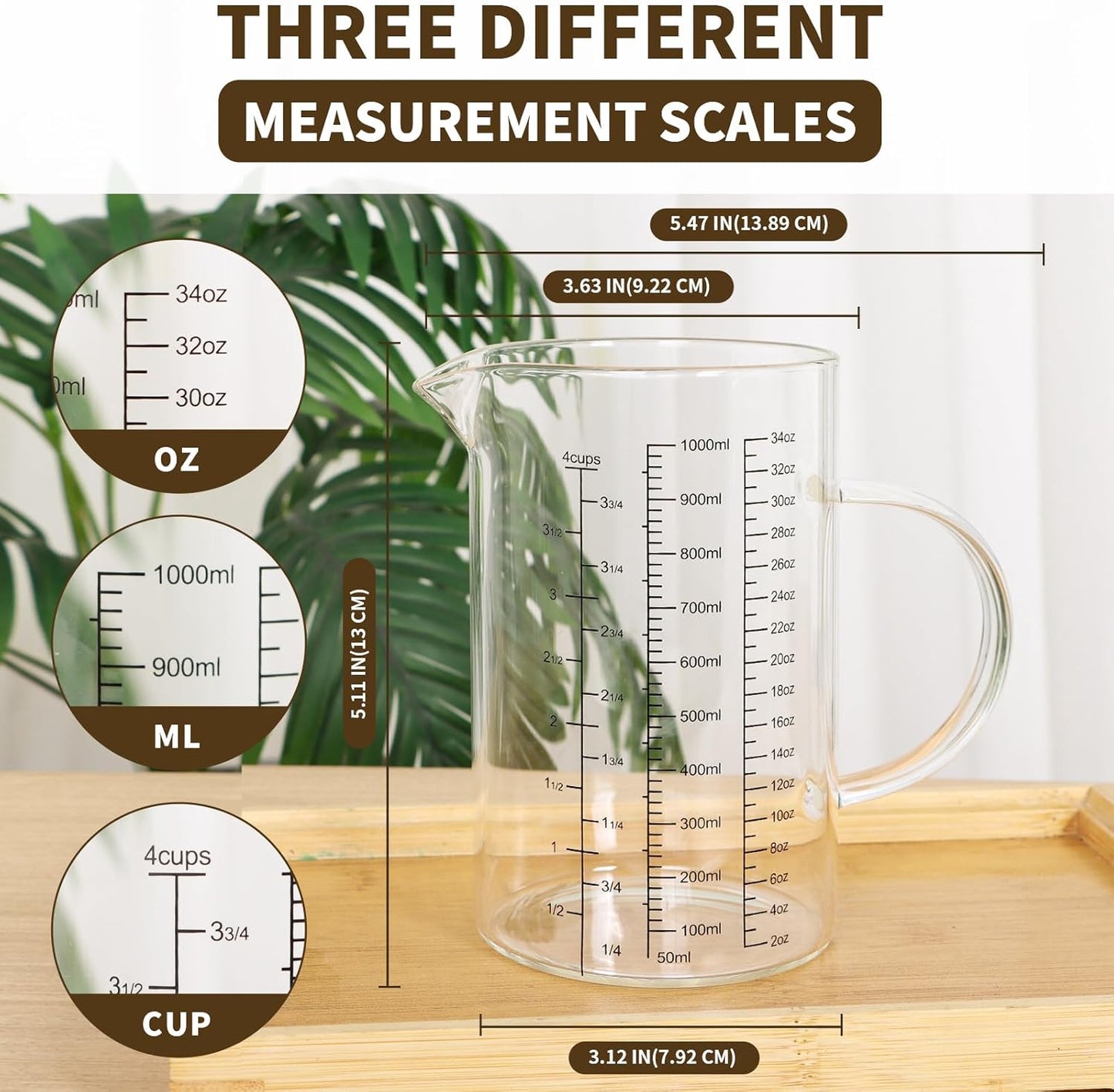 Glass Measuring Cup Set, 4-Cup/32oz (1000 ml) + 12oz (350 ml) Graduated Pitchers with Handle & Drip-Free Spout, Fine Mesh Strainer & Cleaning Brush for Liquid Measuring, Baking, Cold Brew