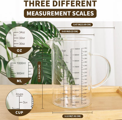 Glass Measuring Cup Set, 4-Cup/32oz (1000 ml) + 12oz (350 ml) Graduated Pitchers with Handle & Drip-Free Spout, Fine Mesh Strainer & Cleaning Brush for Liquid Measuring, Baking, Cold Brew