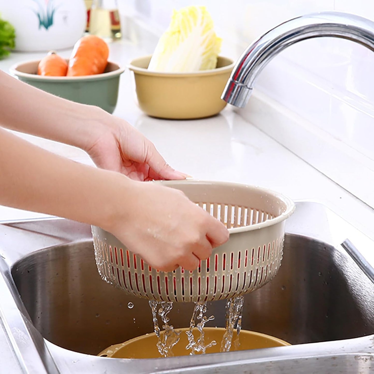 Fruits Vegetables Washing Basket,Round Plastic Double Layer Kitchen Strainer Colander Bowl Set Pasta Noodles Washing Basket for Fruit Vegetable Wash ()
