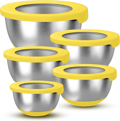 KITEISCAT Stainless Steel Mixing Bowls with Lids – Set of 5 Large Nesting Metal Bowls for Kitchen, Baking, Cooking, Food Prep & Storage, Non-Slip Base, Dishwasher Safe,Khaki