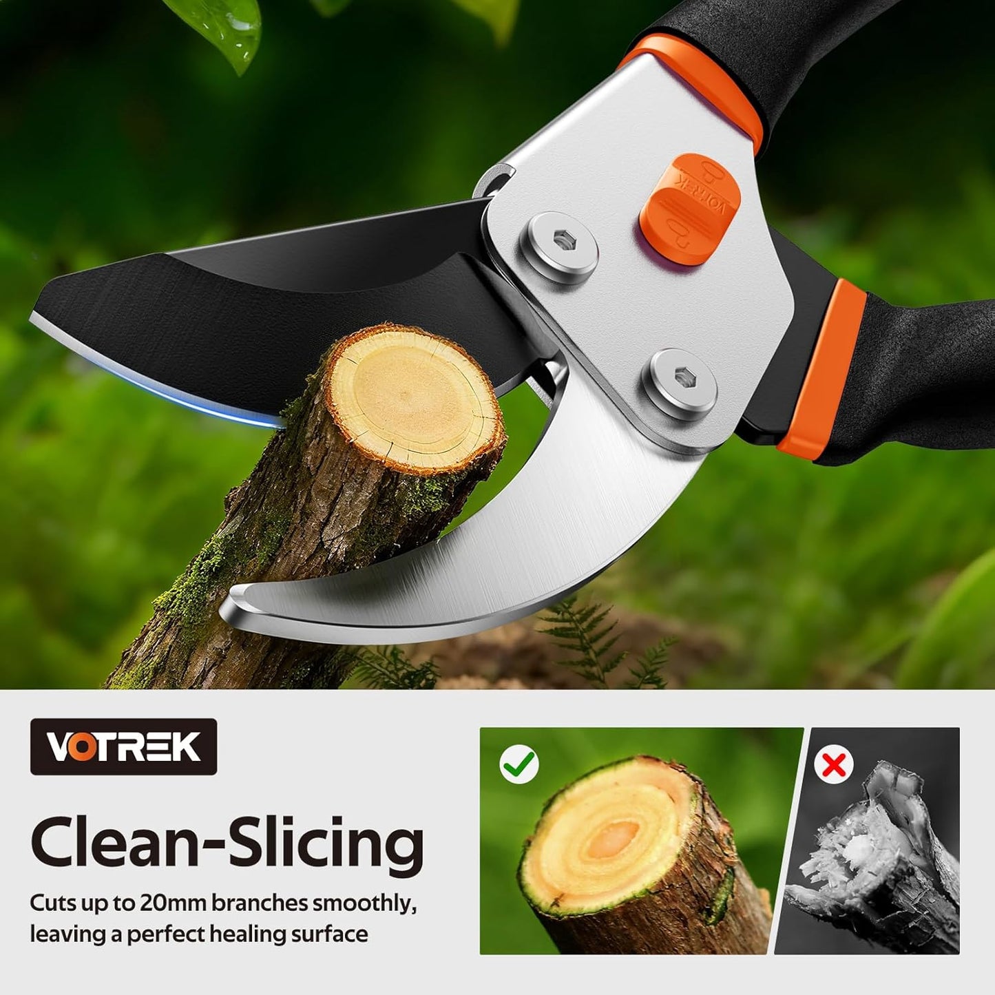 VOTREK® Pruning Shears, 8.5” Professional Garden Pruner with Jam-Proof Spring & Ever-Sharp SK5 Blade, Ergonomic Bypass Clippers for Rose, Tree Trimming, Heavy Duty Bonsai Scissor for Weak Hand