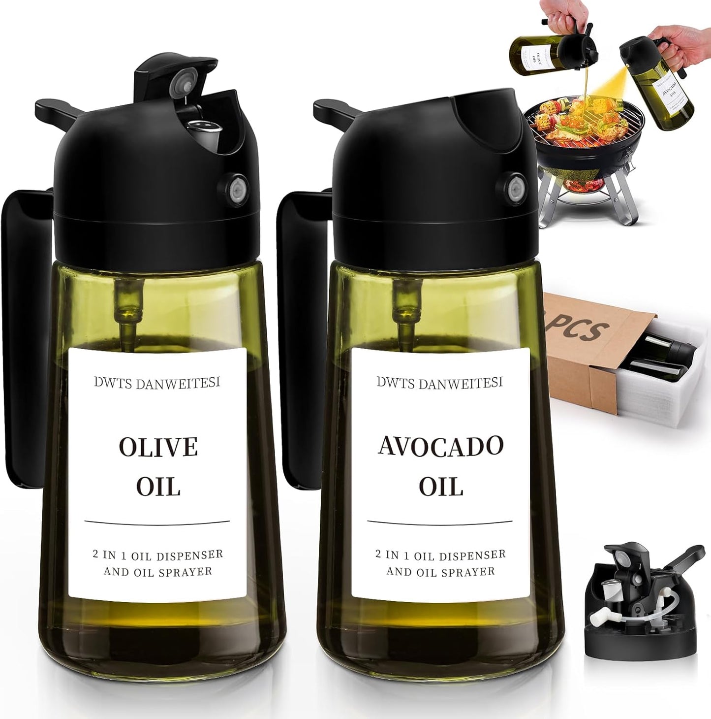 Oil Sprayer for Cooking 2pcs,2 in 1 Oil Dispenser and Oils Sprayer Kitchen Gadgets-16oz Glass Oils Spray Bottle,Mist Olive OilDispenser,Air Fryer,Salad,Grill (White Kitchen Accessories)