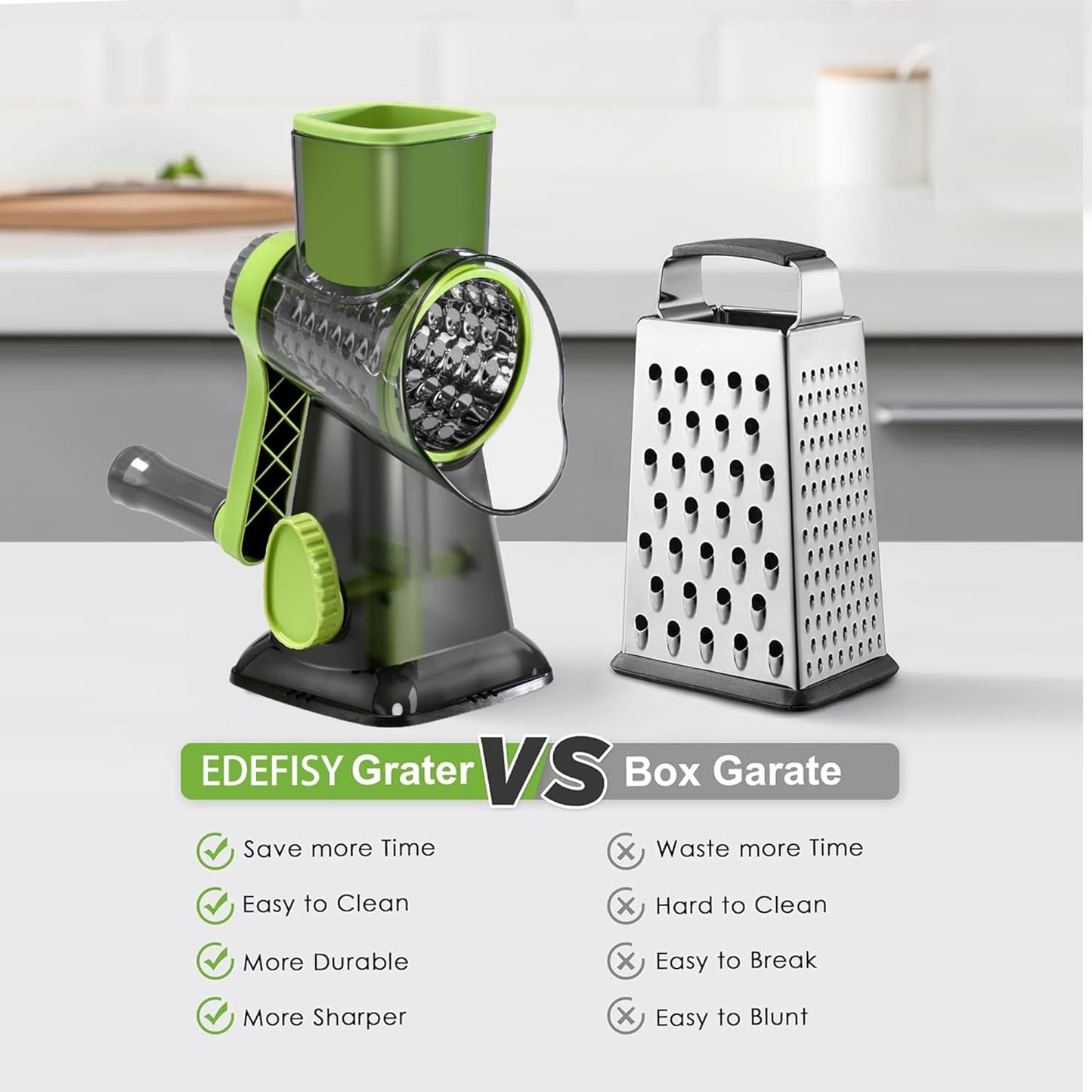 Cheese Grater Hand Crank Rotary Vegetables Shredder with Handle, 3-in-1 Graters with Interchangeable Blades and Non-slip Base Multifunctional Slicer for Kitchen