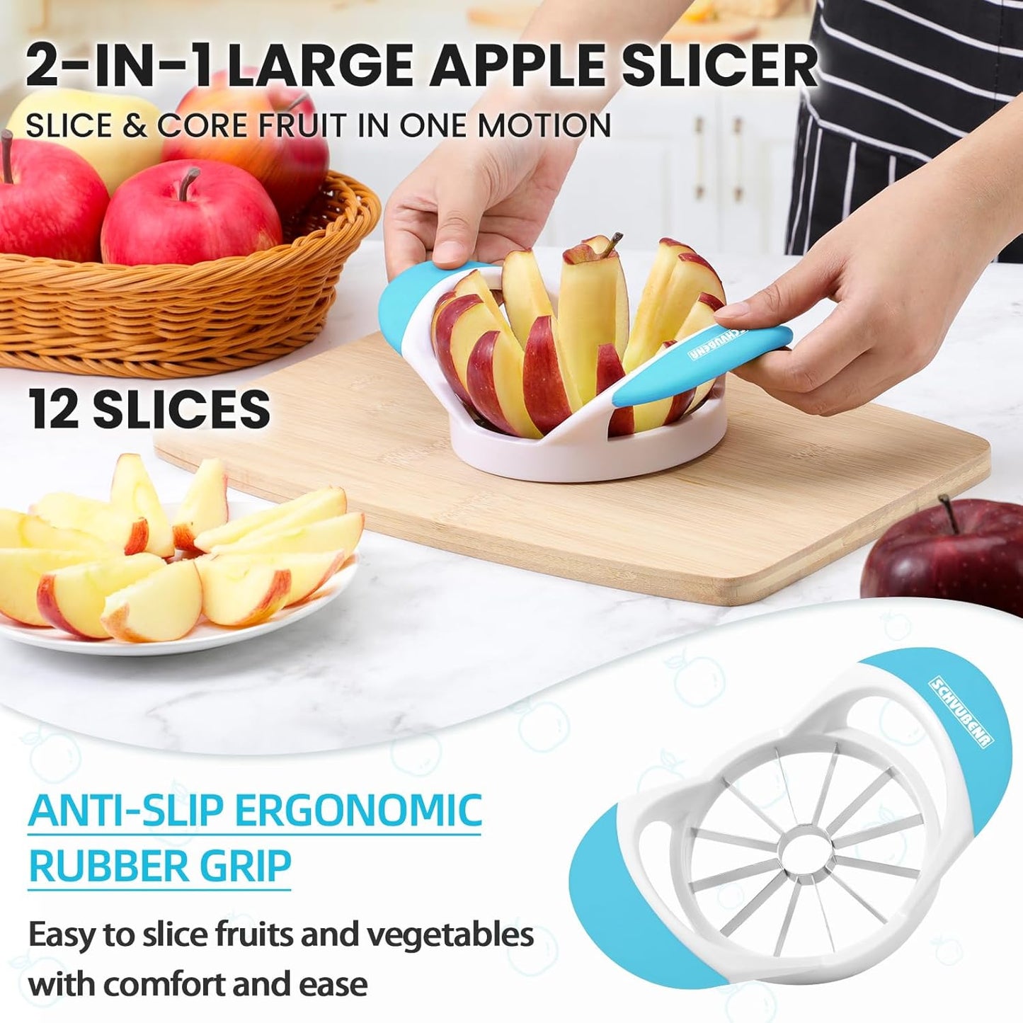 SCHVUBENR 12-Blade Apple Slicer and Corer - 4.72 Inch Sharp Stainless Steel Apple Cutter - Professional Apple Divider Tool for Quick Slices - Easy to Use & Clean - Slice Fruits with Ease - Black