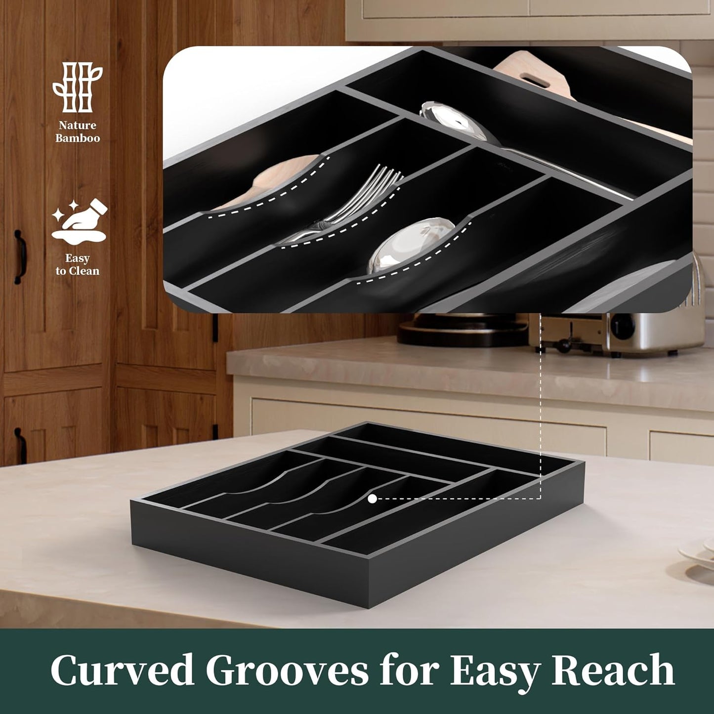 Bamboo Silverware Organizer, Kitchen Drawer Organizer, Utensil Holder, Cutlery Tray & Spoon Flatware Storage with Grooved Drawer Dividers (9.5''W x 13.5''D)