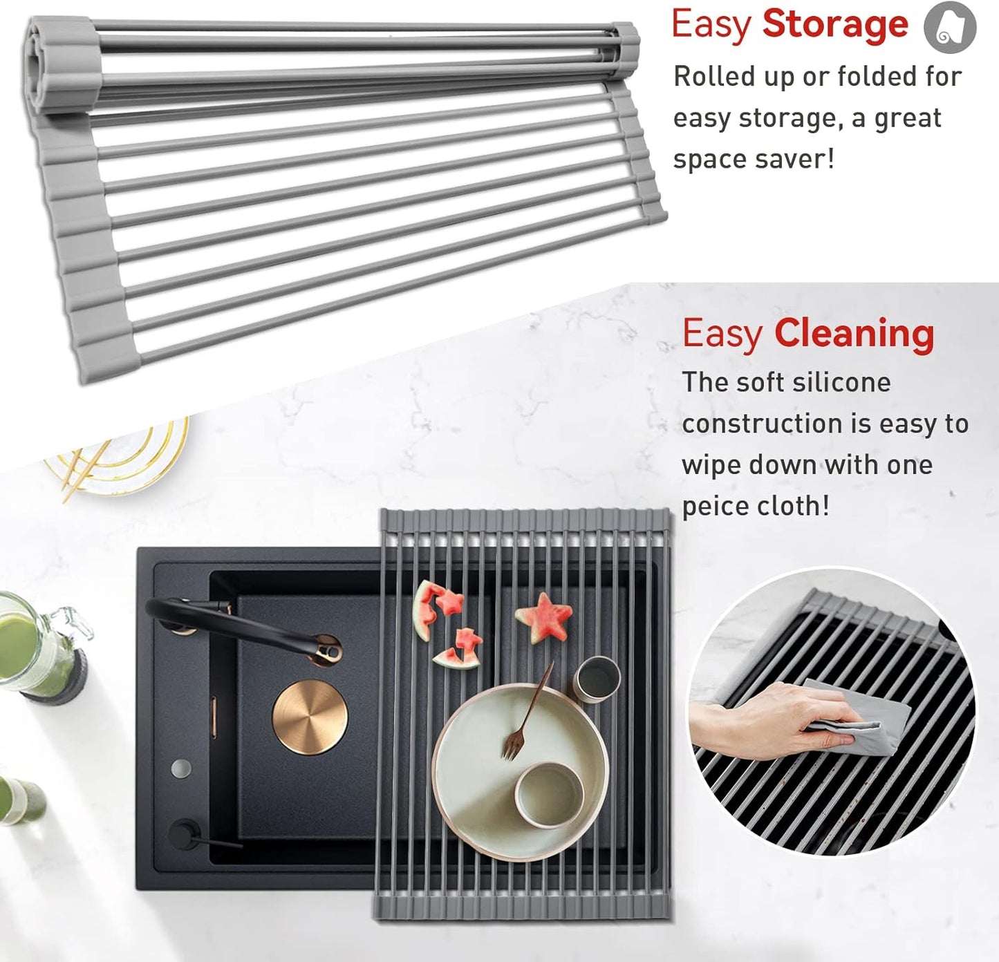 MERRYBOX Roll Up Over The Sink Dish Drying Rack Silicone Wrapped Foldable, Heat-Resistant, Anti-Slip Sink Rack Multipurpose Dish Drainer for Kitchen Sink Counter - White, 17.5" x 11"