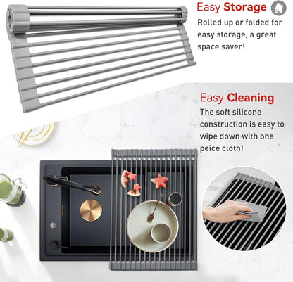 MERRYBOX Roll Up Over The Sink Dish Drying Rack Silicone Wrapped Foldable, Heat-Resistant, Anti-Slip Sink Rack Multipurpose Dish Drainer for Kitchen Sink Counter - White, 17.5" x 11"