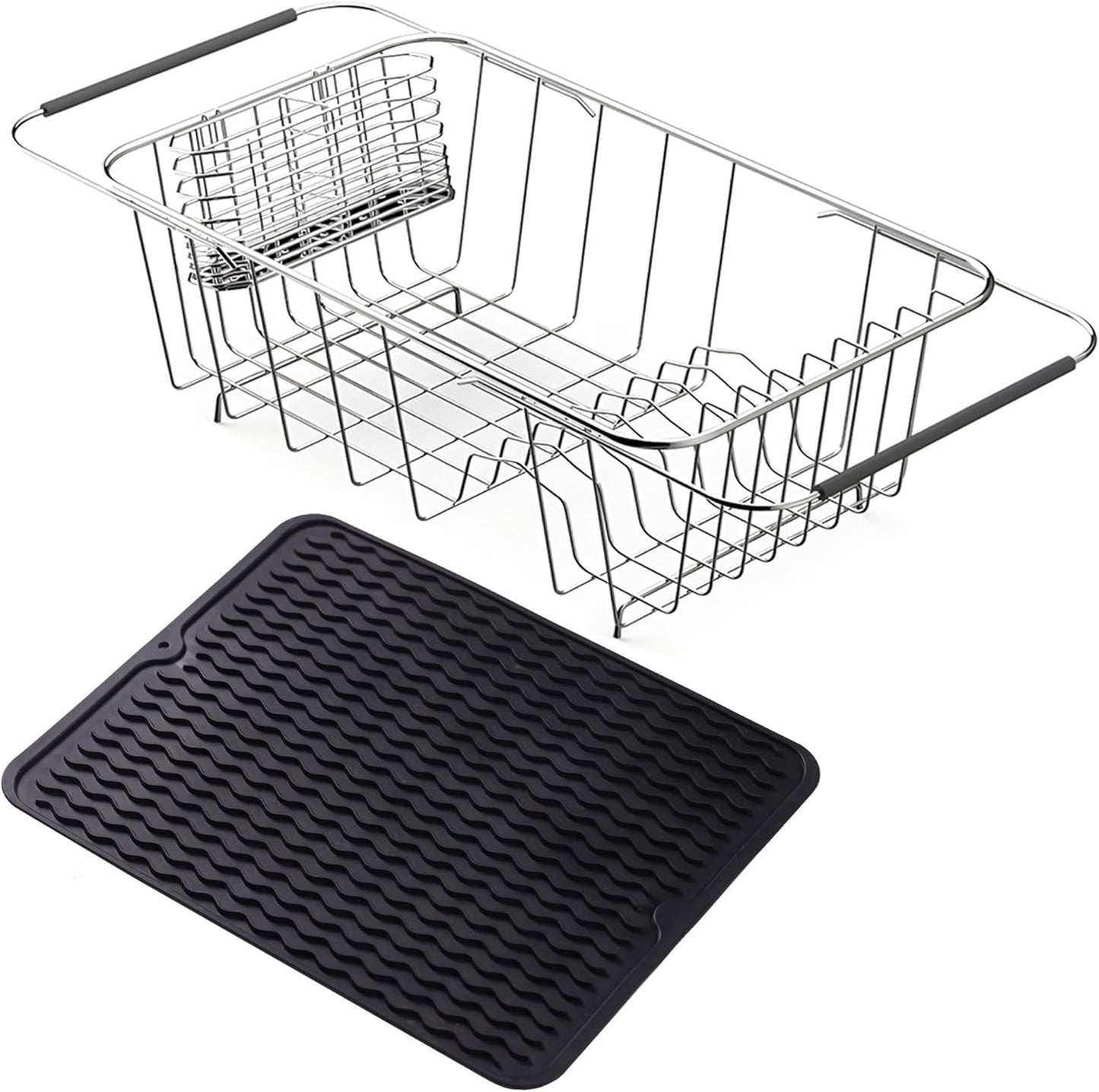 NiuYichee Stainless Steel Dish Drying Rack(15.2"L X 13"W X 5.8"H), Expandable Fruit & Vegetable Drain Rack over Sink, Dish Drainer Rack in Sink, with Stainless Steel Utensil Holder & Silicone Mat(16")