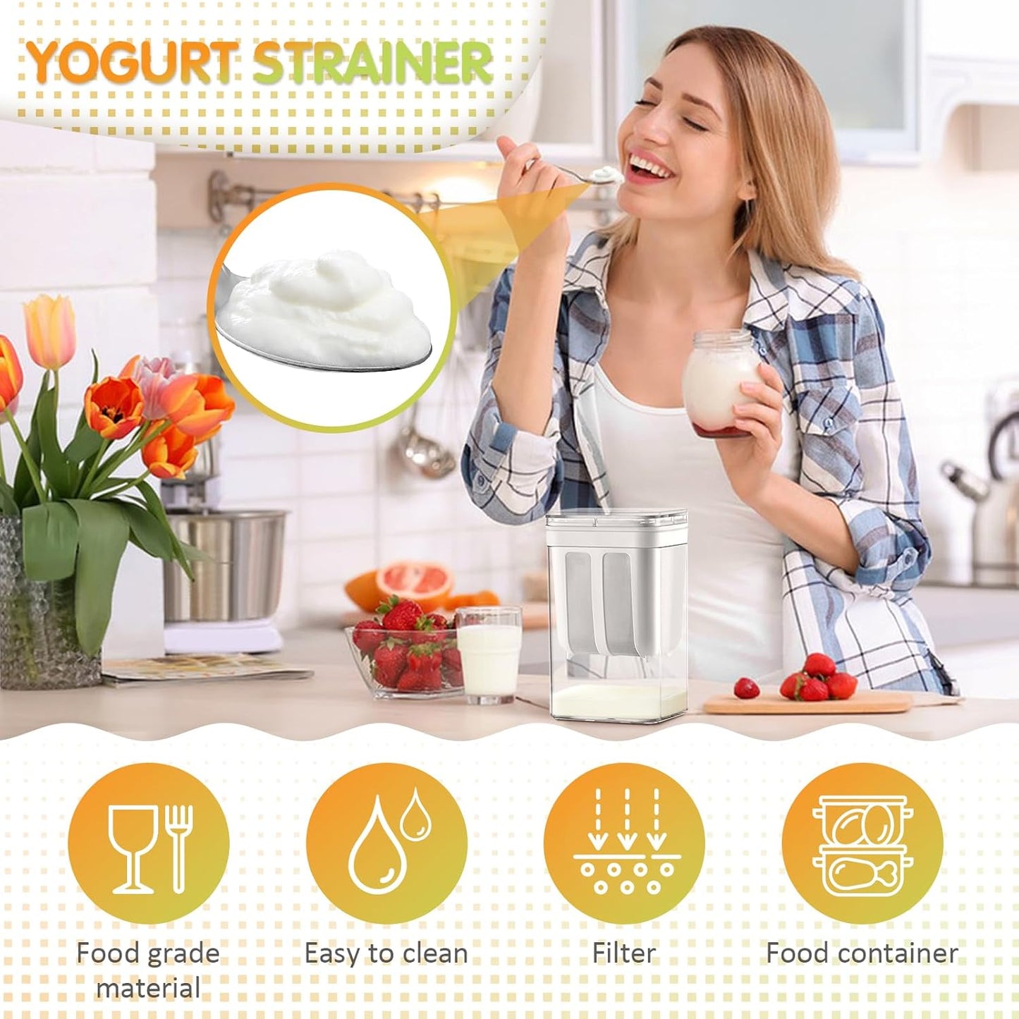 Yogurt Strainer, Small 1800ML (61 Oz) Fine Mesh Strainer, Rice Tea Juicing Food Sieve Strainer, Thick Greek Yogurt Milk Filter Kitchen Tools Reusable Homemade Cup with Stainless Steel Mesh