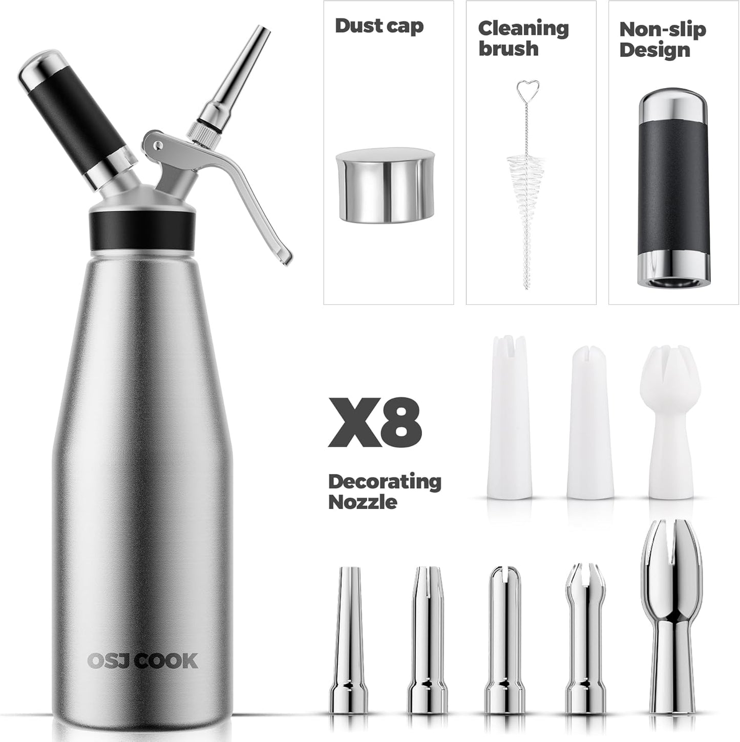 Professional Aluminum Whipped Cream Dispenser - 500 mL/1 Pint,Leak-Free Whipped Cream Maker Canister with 8 Decorating Nozzles & Cleaning Brush - N2O Chargers (Not Included) (Silver, 500ml)