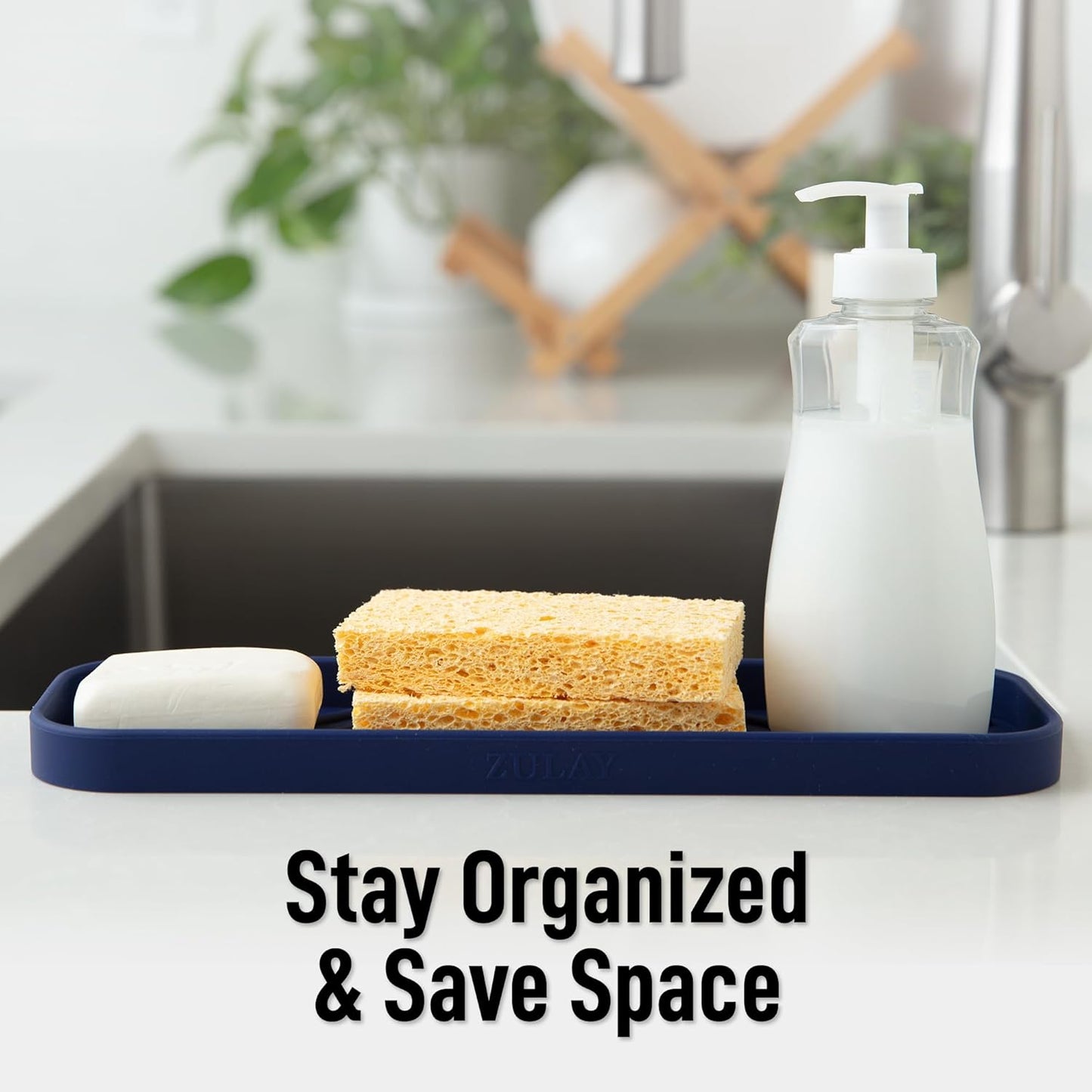 Zulay Kitchen (9x3.5in Sponge Holder for Kitchen Sink - Flexible Heavy-duty Multipurpose Sink Caddy - Counter Organizer for Kitchen, Bathroom, Makeup, Trinkets & More! (Grey)