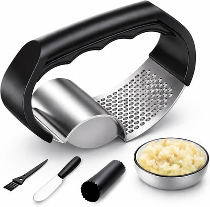 Garlic Press Rocker - NEXZEN Stainless Steel Garlic Crusher, 2-in-1 Easy Kitchen Gadget for Effortless Smashing