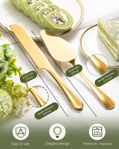 2-Piece Premium Cake Cutting Set, Exquisite Knife and Server with Serrated Design, Includes Cake Knife and Pie Spatula for Pastry, Pizza and Desserts (Gold)