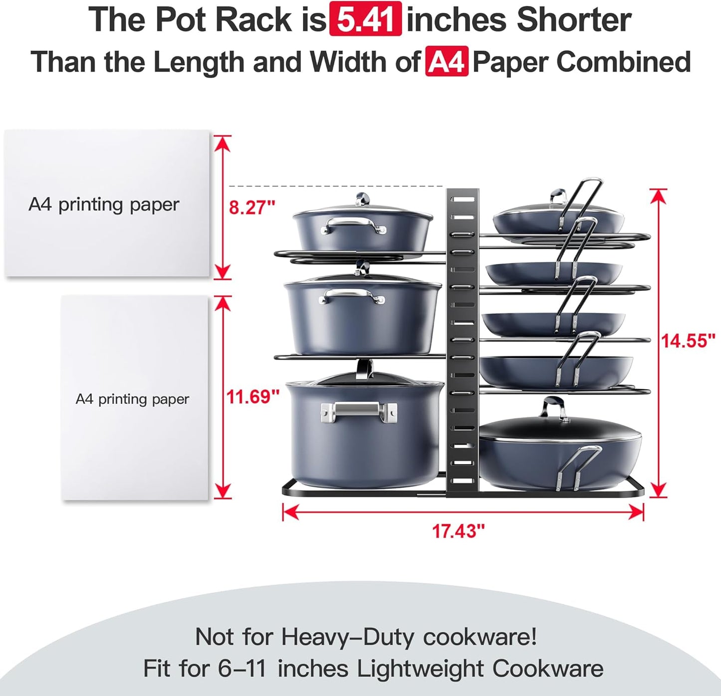 ORDORA Pots and Pans Organizer for Cabinet 16.61 Height, 8 Tier Pot Organizers Rack with 3 DIY Methods, Adjustable Pan Organizer under Cabinet Kitchen Organization and Storage