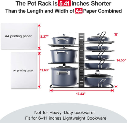 ORDORA Pots and Pans Organizer for Cabinet 16.61 Height, 8 Tier Pot Organizers Rack with 3 DIY Methods, Adjustable Pan Organizer under Cabinet Kitchen Organization and Storage