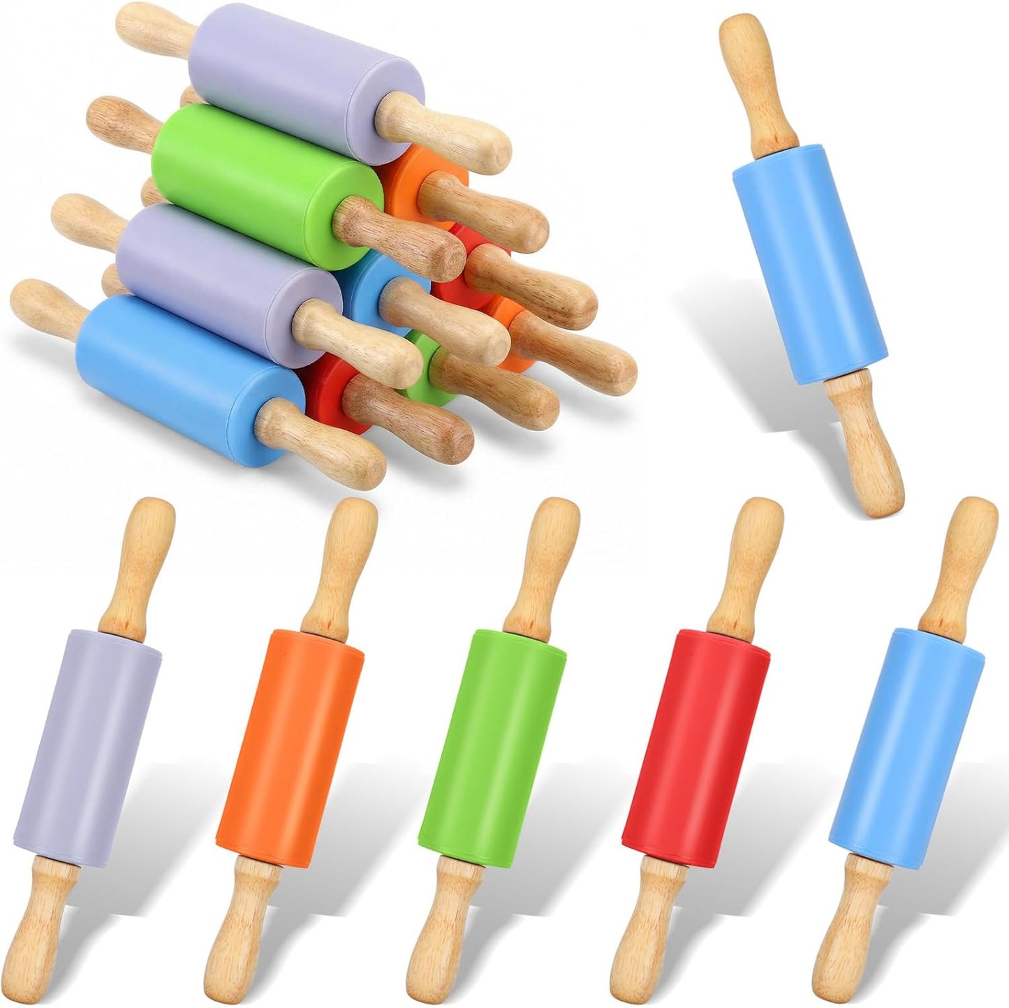 10 Pcs Small Rolling Pin Kids 9 Inch Mini Rolling Pin Silicone Wooden Cooking Pins Baking 5 Colors Non Stick with Wooden Handle for Christmas Kitchen Dough Cookie Pastry Fondant Cake, Christmas Gifts
