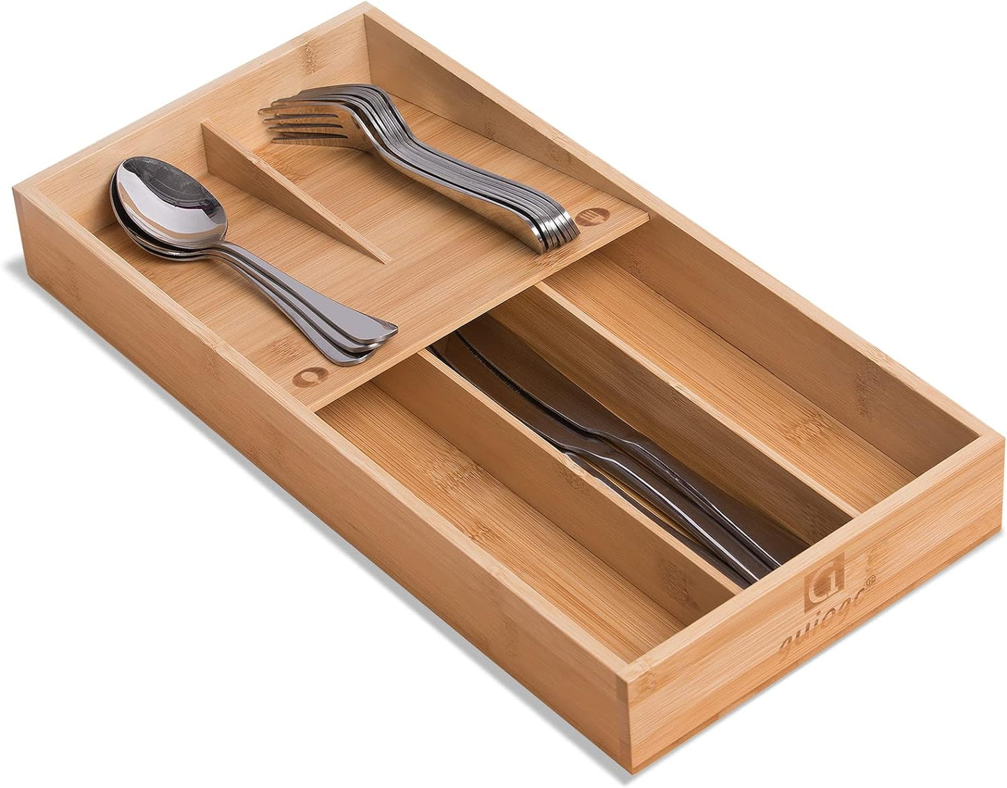 guiogc Bamboo Silverware Drawer Organizer, Kitchen Small Silverware Organizer, Utensil Tray Holder, Cutlery Tray for Spoons, Forks, Knives, Suitable for a family of 2-4
