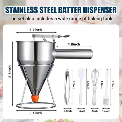40 oz Pancake Batter Dispenser Stainless Steel Multi Caliber Nozzle with Squeeze Handle and Stand for Pancakes Cupcakes Funnel Cakes Waffles Baked Goods