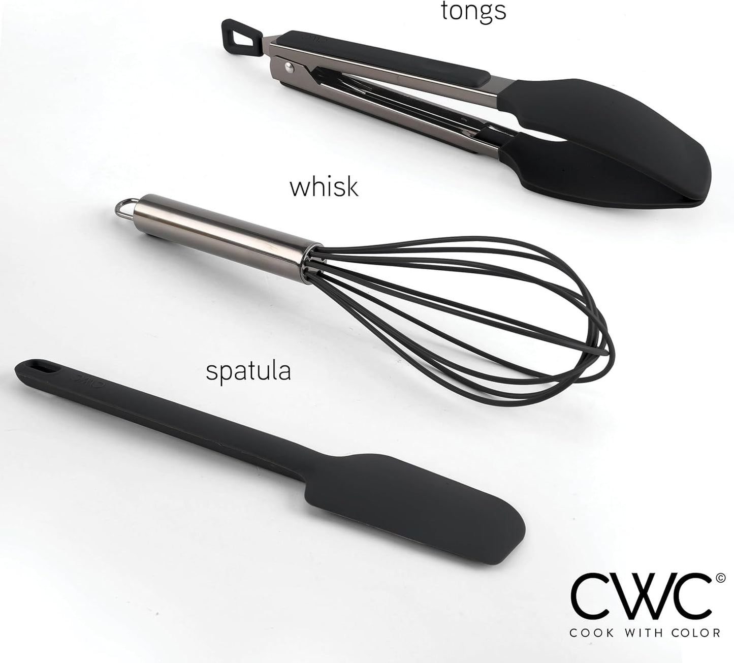 COOK WITH COLOR Stainless Steel Silicone Tipped Kitchen & BBQ Tongs Set, 3 Pc Utensils, Grey