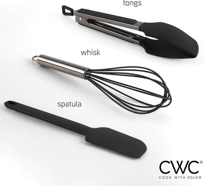 COOK WITH COLOR Stainless Steel Silicone Tipped Kitchen & BBQ Tongs Set, 3 Pc Utensils, Grey