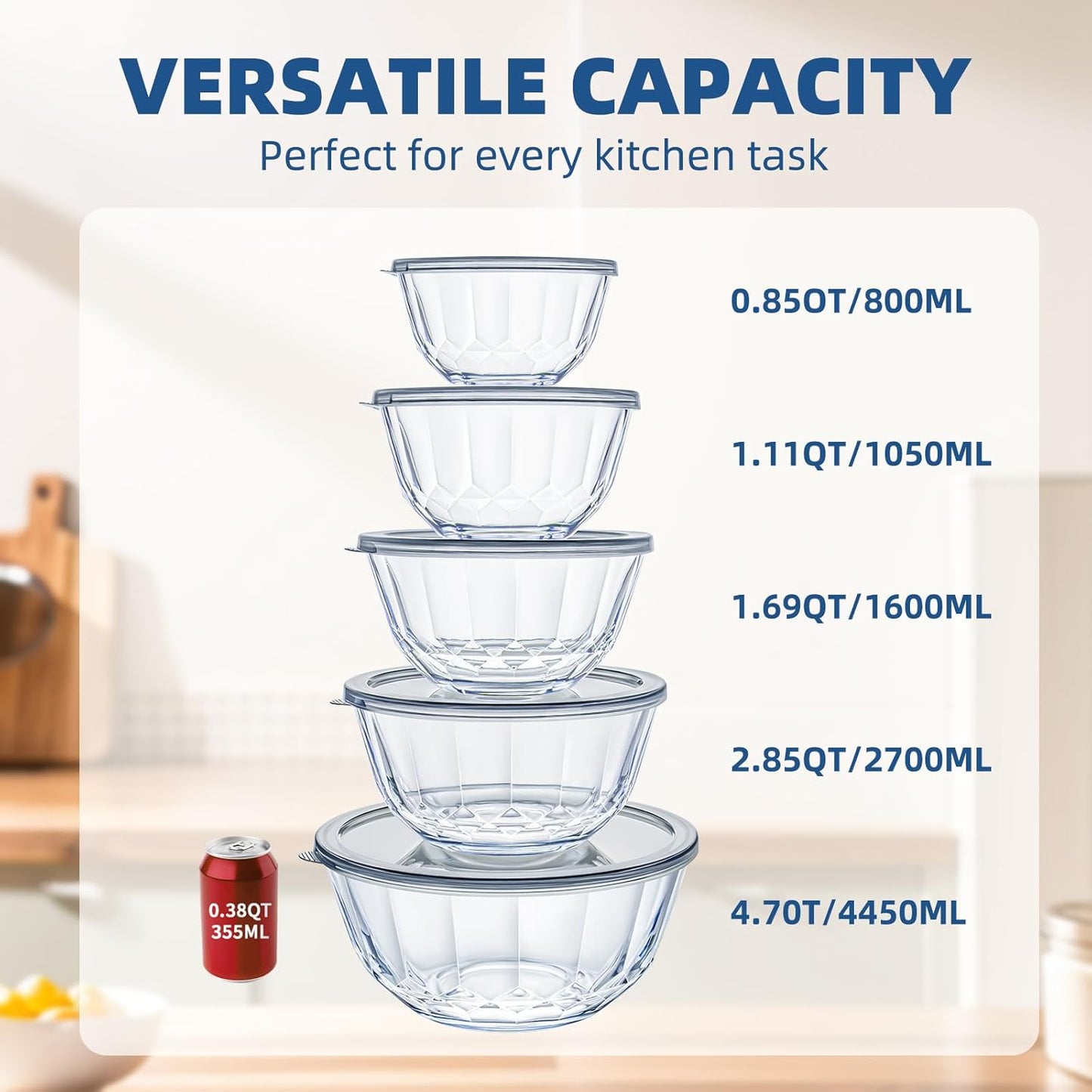 Luvan Glass Mixing Bowls with Lids Set(4.5QT, 2.7QT, 1.1QT)-Large Glass Mixing Bowls, Clear Salad Bowl for Baking, Cooking, Serving, Food Prep, 3PC Nesting Bowls for Kitchen Storage & Dishwasher Safe