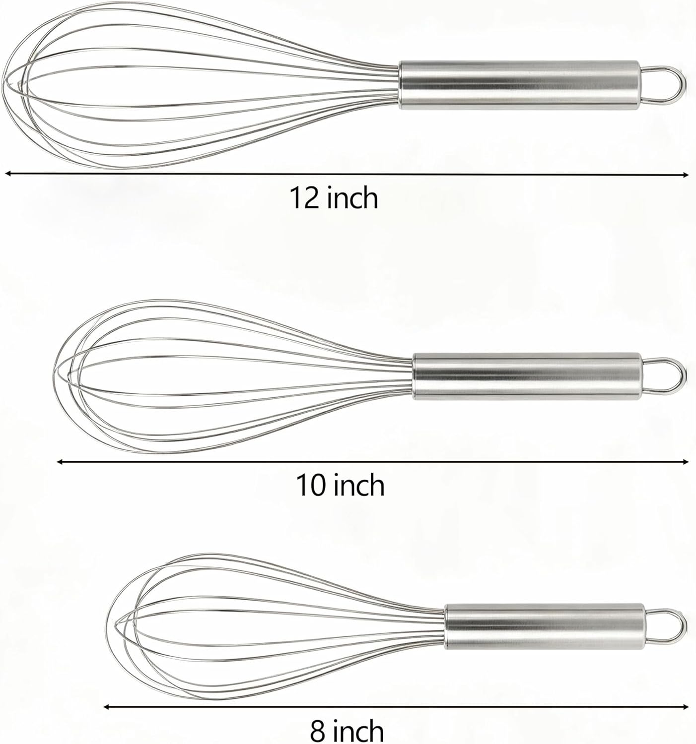 Stainless Steel Whisk Set, 3 Sizes (8", 10", 12") Kitchen Whisks for Cooking, Balloon Wire Whisk for Mixing, Whisking, Beating, Blending, Egg Beater, Baking, Whipping Cream, Frothing Milk