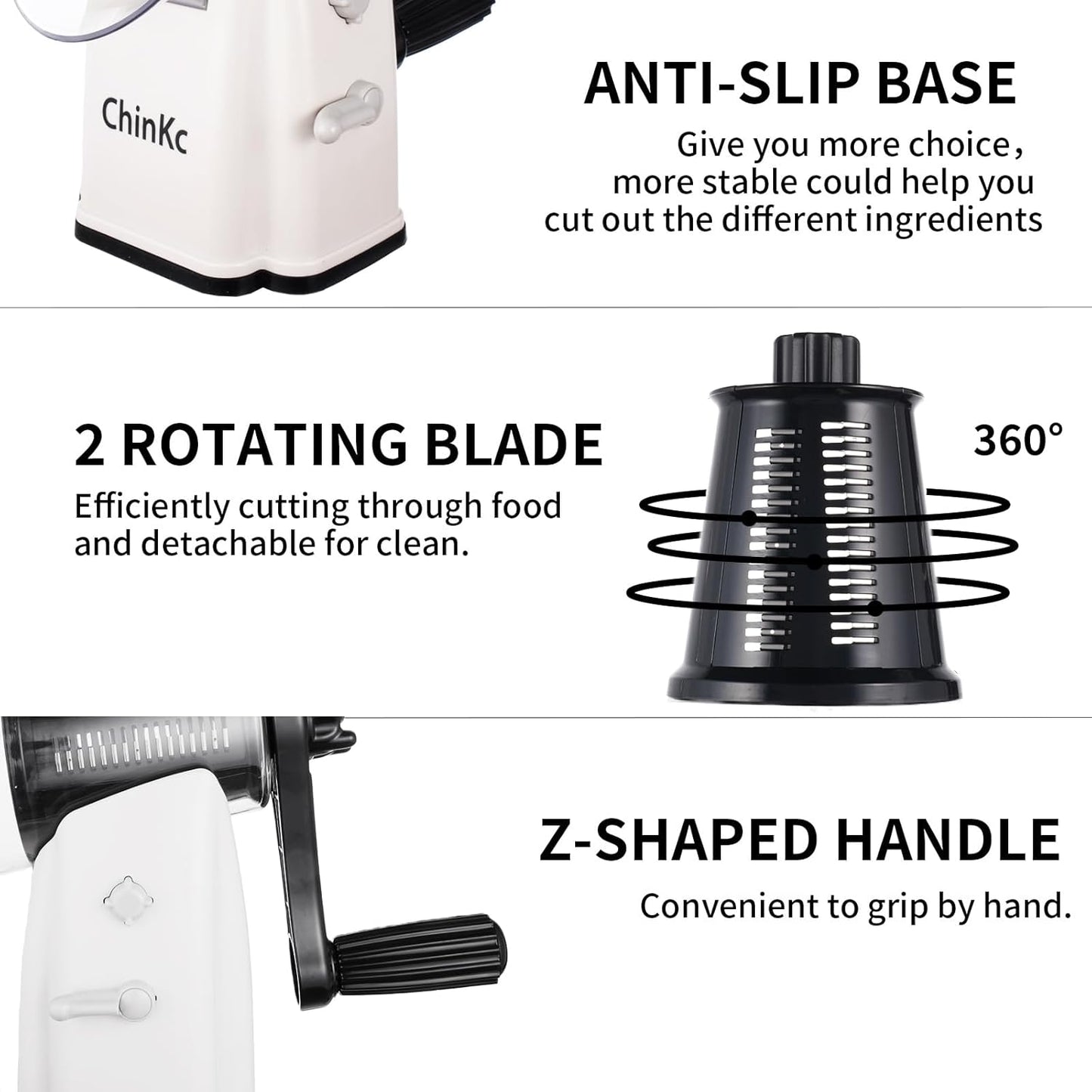 Upgrade Rotary Cheese Grater Shredder with Handle, Strong Suction Base, Multi-purpose Rotary Grater Slicer with 5 Interchangeable Blades for Ice, Vegetables, Fruit, Nuts with Blade Storage Box
